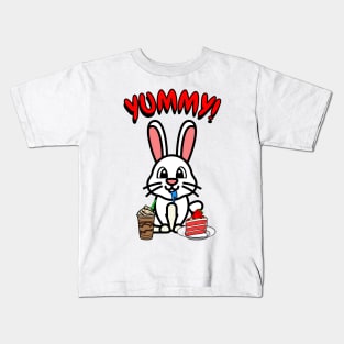 Cute white rabbit is having coffee and cake Kids T-Shirt